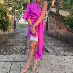 SOLACE LONDON
Marcie one-shoulder knotted hammered-satin mini dress XS in Pink